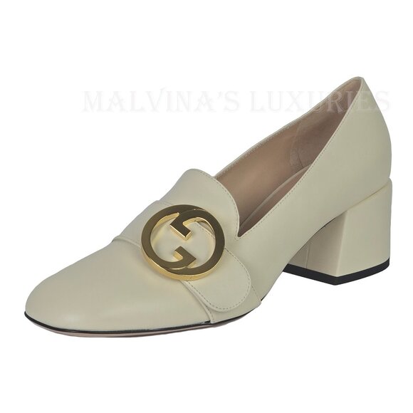 GUCCI SHOES BLONDIE WHITE LEATHER GOLDTONE G LOGO PUMPS sz 41 11 US - Picture 6 of 15